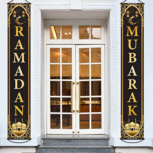 Ramadan Mubarak Banner Eid Mubarak Door Sign Hanging Banners Decoration Set for Ramadan Themed Party Indoor and Outdoor Party Supplies Decorations