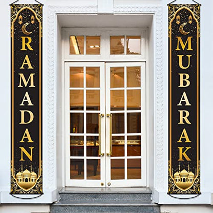 Ramadan Mubarak Banner Eid Mubarak Door Sign Hanging Banners Decoration Set for Ramadan Themed Party Indoor and Outdoor Party Supplies Decorations
