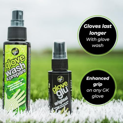 gloveglu Goalkeeper Glove Spray Bundle | 120ml Goalkeeper Glove MEGAgrip Spray + 50ml Goalkeeper Glove Wash & Prepare Spray | Ideal for Goalies, Soccer Training & Match Day Performance - style: Wash + Revive