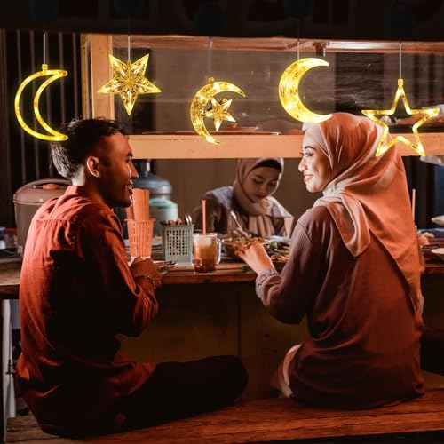 Tujoe 5 Pcs Ramadan Decorations Lights Eid Mubarak Moon Star Window Light LED Battery Powered Islam Window Silhouette Light Islamic Muslim Ramadan Hanging Decor for Wall Home Baby Room Outdoor Patio