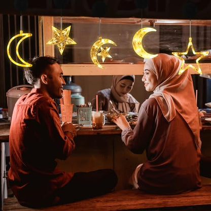 Tujoe 5 Pcs Ramadan Decorations Lights Eid Mubarak Moon Star Window Light LED Battery Powered Islam Window Silhouette Light Islamic Muslim Ramadan Hanging Decor for Wall Home Baby Room Outdoor Patio