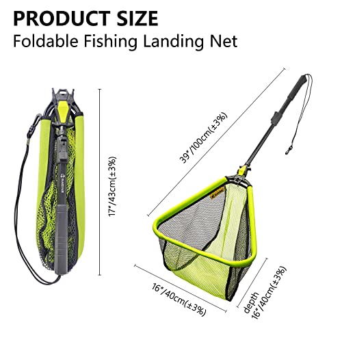 Black Paw Floating Fishing Net Foldable Telescopic Fish Landing Net with Built in Length Scale Rubber Coated for Kayak, Fly, Trout - color: B3:16" Hoop Size Green (Upgrade Telescopic Pole)