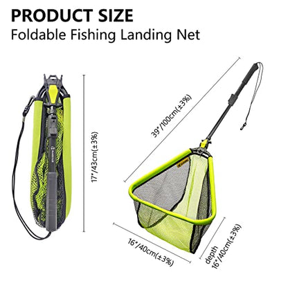 Black Paw Floating Fishing Net Foldable Telescopic Fish Landing Net with Built in Length Scale Rubber Coated for Kayak, Fly, Trout - color: B3:16" Hoop Size Green (Upgrade Telescopic Pole)