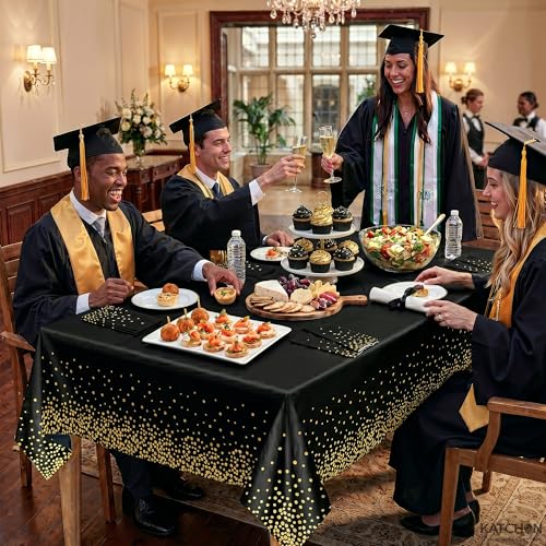 KatchOn Graduation Decorations 2026 - XtraLarge 54x108 Inch, Pack of 3 | Black and Gold Congrats Grad Tablecloth for 2026 Graduation Decorations | Graduations Table Decorations, Grad Party Supplies
