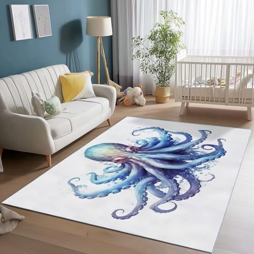 Area Rugs for Living Room 3 x 4 ft, Octopus Pattern Low Pile Large Soft Stain Resistant Non-Slip, Watercolor Style for Bedroom Dining Room Indoor Home Decor Carpet Light Blue - color: Light Blue 8, size: 3' x 4' (Rectangular)