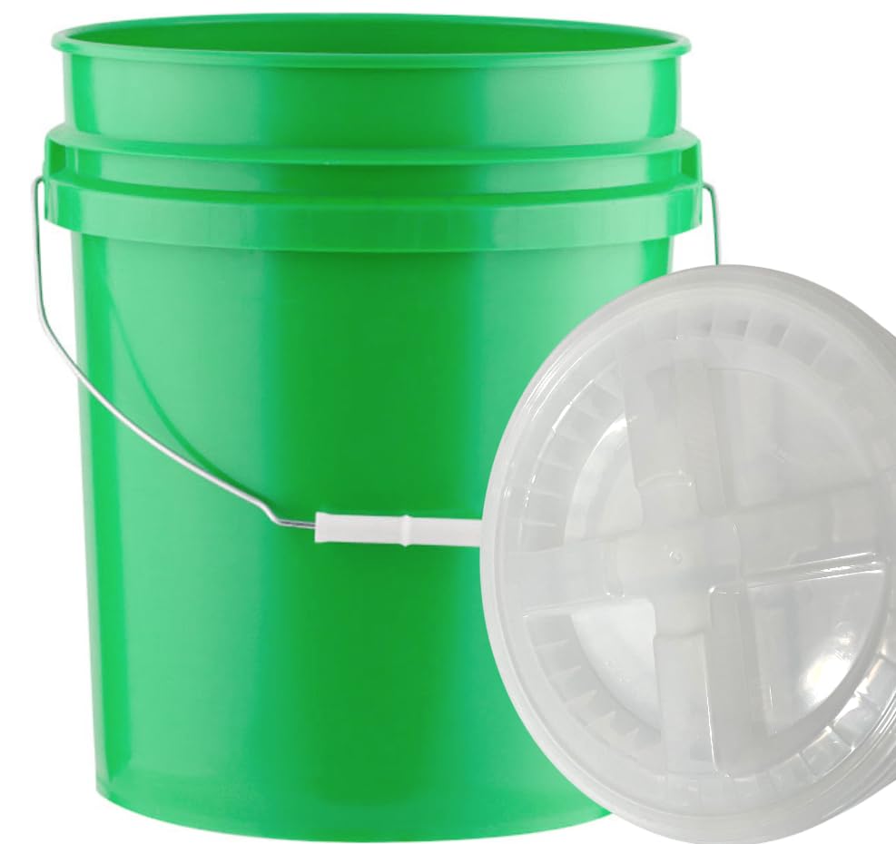 5 Gallon Food Grade Plastic Bucket with Air Tight Screw on Lid Made in USA Container (Green Bucket with Clear Lid) - color: Green Bucket With Clear Lid