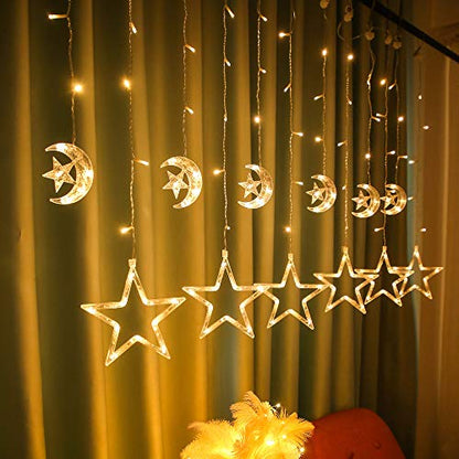 138 Led Curtain String Lights Star Moon Icicle Light with 8 Lighting Modes Timer USB Operated Dimmable Fairy Hanging Lights for Window Wall Home Decoration (Crescent Warm White) - size: Crescent and Star