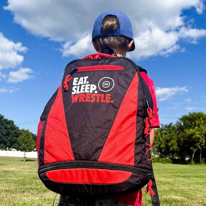 ChalkTalkSPORTS Wrestling Backpack for School - Eat Sleep Wrestle | Kids Wrestling Bookbag, 100% Polyester, 12" W x 15" H x 6" D, Laptop Pocket, Shoe Pocket, Padded Back, Adjustable Straps