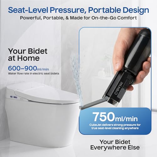 BIDET BUDDY® CubeJet 여행용 휴대용 비데 - 380ml 병, 1100mAh 충전식 배터리, IPX6 방수 지팡이 스타일 노즐, 캠핑 및 가정용 USB-C 고압 위생 장치