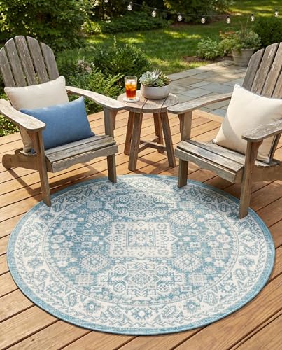 Rugs.com - Outdoor Aztec Rug – 4 Ft Round Aqua Indoor/Outdoor Rug – Washable Flatweave Carpet for Patios, Decks, and Porches - color: Aqua, size: 4' (Round)