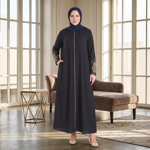 Women's Embroidered Sleeves Abaya and Embroidered On The Side of The Zipper Long Sleeve Floor Length Turkish Fashion - color: Navy Blue, size: Medium