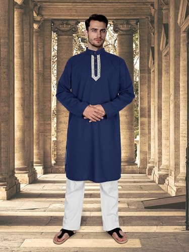 Men’s Kurta Kaftan Robe - Long Sleeve Cotton Linen Muslim Henley Shirt for Ramadan, Prayer & Daily Wear - color: Navy, size: Large