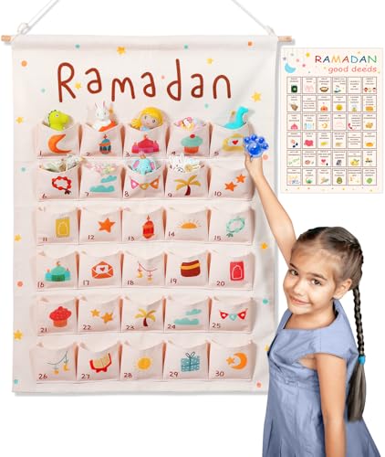 Swooflia Ramadan Countdown Calendar for Kids - 2026 EID Advent Days Empty Pockets with Good Deeds List for Islamic Muslim Mosque Mubarak Home Decorations Gifts Decor for Home Wall زينة رمضان