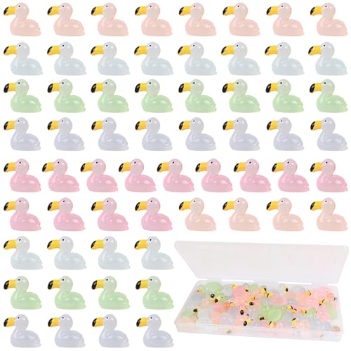 60pcs Mini Resin Flamingo Figurines Cute Tiny Animal Statues Colorful Bird Ornaments with box for Aquarium Garden Landscape Party Decorations Dollhouse Decor (Green, white, orange, pink, blue) - color: Green, White, Orange, Pink, Blue