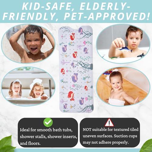 ENKOSI Non-Slip Bath & Shower Mat 40x16 Extra Long, Suction & Drain Holes | Fun aquarium print for kids; Durable PVC; 40x16 in, Aquarium Print - color: Aquarium Print