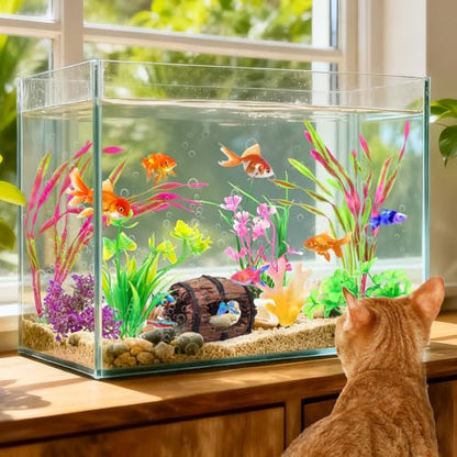 QUOZUO Small Fish Broken Barrel Decor Fish Tank Decorations Aquarium Accessories Plants Plastic Resin Barrel and Coral Hideout Ornaments Aquarium Decor Set 8 Pieces