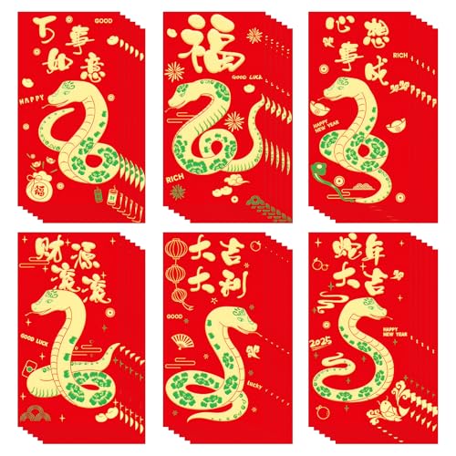 Chinese New Year Red Packets 2026,36 Pcs Money Envelopes with 6 Classic Embossed Bronzing Foil Designs for Cash Gifts & Decorations (Snake Year) - style: Snake Year