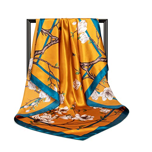 DRESHOW 35” Large Square Satin Head Scarf - 4Pcs Silk Accessories Classic Patterned Squares Beach Bandanas for Women - color: 4 Pcs: White, Orange, Black, Blue