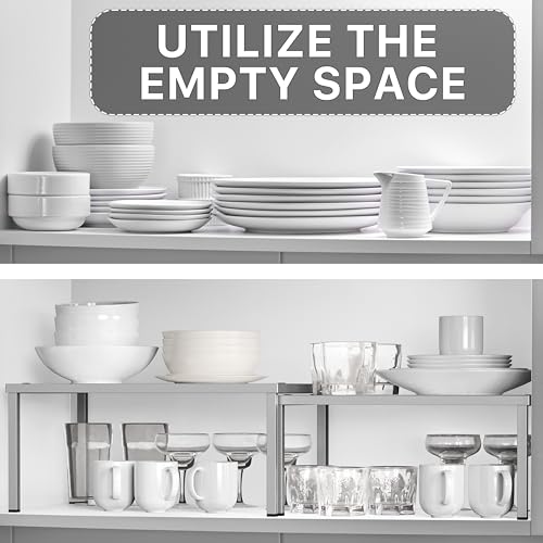 Simple Houseware Cabinet Counter Shelf Organizer w/Steel Surface, Silver | Expandable & Stackable 9" D x 12.75" W x 5.9" H - color: Silver