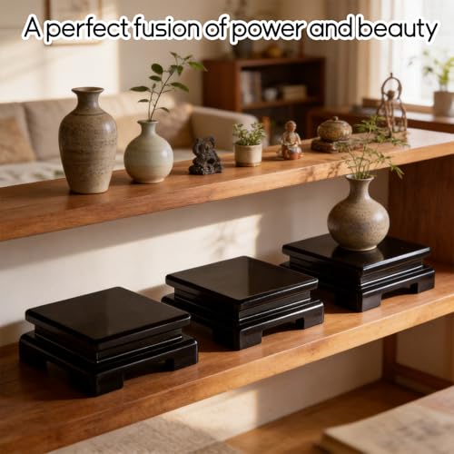 3 Pcs Square Wooden Display Stand Square Vase Riser 6.7 x 6.7 x 2 Inch Black Pedestal Stand Wood Vase Display Base for Collectibles Trophy Aquarium Lamp Teapot Home Decoration