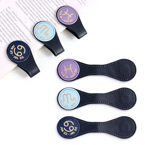 3 PCS Leather Magnetic Bookmark Clips, Zodiac PU Leather Bookmarks for Book Lovers, Full Set of Book Clip Accessories, Water Sign - style: Water Signs Constellation