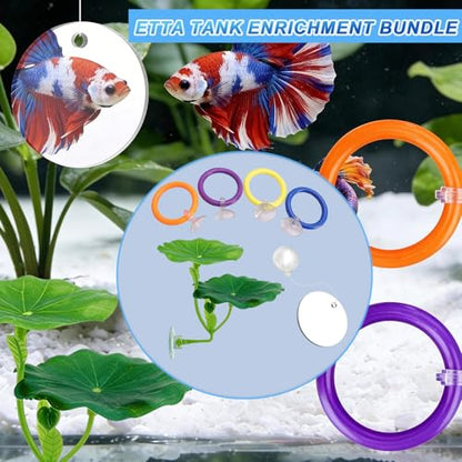 6 Pcs Betta Fish Toys, 4 Betta Rings, 1 Aquatic Plant & 1 Training Mirror, Betta Enrichment Toys for Betta Tank, Aquarium Interactive Play