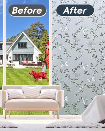 Frosted Glass Window Film with Elegant Flower Design, Bathroom Window Privacy Film for Glass Windows Cover, Static Cling, Removable, Reusable, Anti-UV, Anti-Glare, 17.5 Inch * 78.74 Inch - color: Pure, size: 17.5 Inch * 78.74 Inch