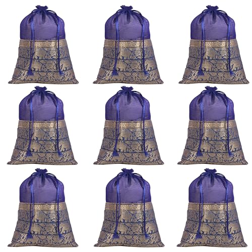 Touchstone Drawstring Bags Traditional Indian Handcrafted Fabric Perfect for Gifts Jewelry Weddings Pouches Purses Potli - color: Elephant_Blue (Pack of 9), size: 9x7 inches