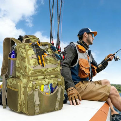 Fishing Backpack, 45L Large Cooler Fishing Tackle bag with Rod Holders & Rain Cover, Water-resistant Store Gear (Khaki Camo) - color: Khaki Camo