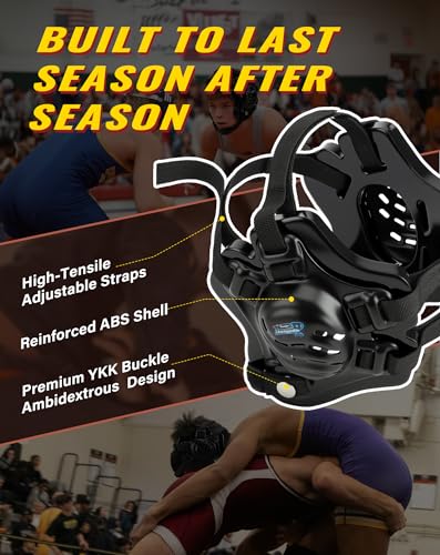 Trymaker Wrestling Headgear, Head Gear for Men and Youth with Chin Cup, Dual-Layer Ear Guard for MMA, BJJ (for Users Age 10+) - color: Black Headgear & Black Strap