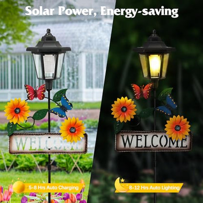 Lewondr Solar Garden Lights Butterfly, 37.4 Inch Solar Lamp Post Light with Welcome Sign & Butterflies, Outdoor Waterproof Solar Stake Lights for Yard Porch Patio Pathway Gardening Gifts, 2 Pack - style: Yellow Flowers & Butterflies