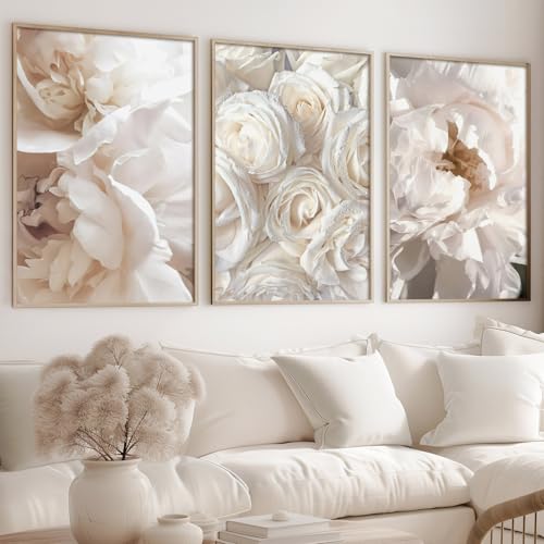 Vlolvfe White Rose Canvas Wall Art Peony Floral Painting Modern Flower Picture White Floral Poster Abstract Flower Prints Modern Peony Rose Picture for Living Room 16x24inx3 No Frame - color: White Rose, size: 16x24inchx3 No Frame