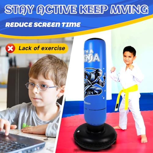 Onirii 66 Inch Kids Inflatable Punching Bag | Large Stable Kids Inflatable Boxing Bag Toy Set with Gloves for Boys & Girls Age 3-12 for Taekwondo,MMA and Practicing Karate - color: Ninja Blue