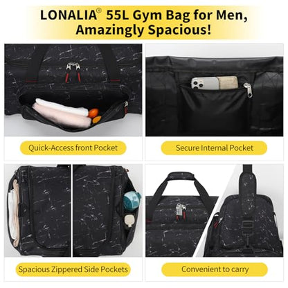 55L Large Gym Duffle Bag for Men, 22 inch, Marble Black | Heavy Duty, Gym Duffel Bag, Multi Pockets, Spacious - color: Marble Black