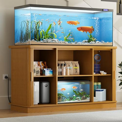 DHH 55-75 Gallon Fish Tank Stand with Power Outlet, Mid Century Modern Aquarium Stand with Adjustable Shelves and Sliding Door,Heavy Duty Reptile Tank Stand for Turtle Terrarium, 1000LB (Yellow Oak)