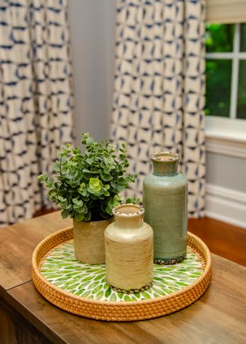 Magenta & Teal Round Rattan Serving Tray with Mother of Pearl Inlay, Wicker Coffee Table Decor, Farmhouse Style (Green Petals) - color: Green Petals