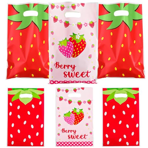 LERCTH Strawberry Themed Gift Bags, Berry Sweet Goodie Bags, Cute Pink Red Treat Bags for Fruit Birthday Party Supplies - color: Strawberry gift bags 30 packs