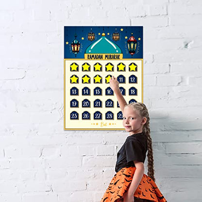 FLYAB Ramadan Calendar 2025 Eid Mubarak Countdown for Kids 30 Days Advent Poster Decorations Home Wall with 36 Star Stickers and 1PCS Small Card