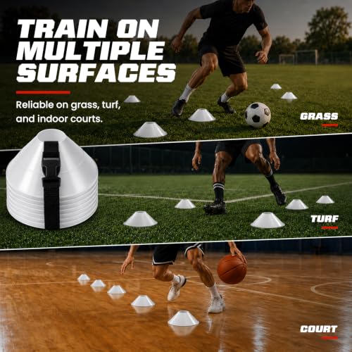 American Challenge Large Disc Cones – Set of 6 Agility Cones for Sports Training – Compact Soccer Cones with Carry Strap for Drills & Practice - color: White
