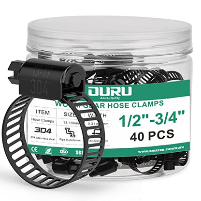 OURU 40PCS 1/2"-3/4" Black Hose Clamp,Adjustable 13-19mm Small Hose Clamps Stainless Steel,Metal Worm Gear Drive Hose Clamps for Automotive,Plumbing,Intercooler,Pipe,Fuel Line Radiator Clamps - size: 40PCS (1/2" - 3/4")