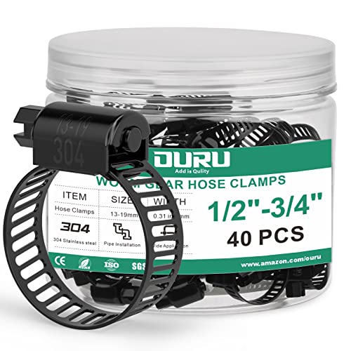 OURU 40PCS Black Hose Clamp Stainless Steel Adjustable 1/2"-3/4"(13-19mm) | Heavy Duty, Rust Resistant, Worm Gear Small Hose Clamp， Automotive, Pipe, Radiator Plumbing, Fuel Line - size: 40PCS (1/2" - 3/4")