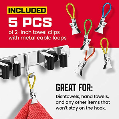 2 Pack Wall Mount Hanger for Brooms & Mops - Adhesive Stainless Steel Mop Hanger for Wall, 4 Clamps, 3 Hooks, 10 Towel Hanger Clips Including Mounting Hardware for Tools Organization - style: 2-Pack