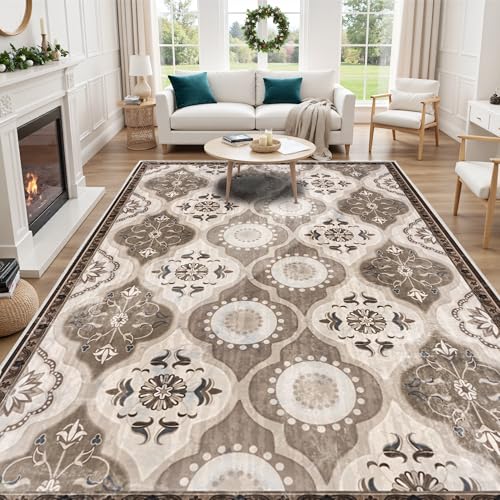 EnHomee Area Rugs 5x7, Soft Washable Rugs for Living Room Bedroom, Boho Non Slip Low Pile Stain Resistant Washable Rug Large Carpet for Dining Room,Easy to Clean Living Room Rug, Khaki - color: Khaki, size: 5x7