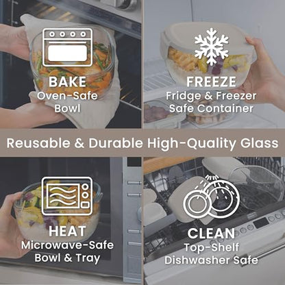 Bentgo Glass Salad Container - 7.6-Cup Salad Bowl with Airtight Lid, Leak-Proof Sauce Container, 4-Compartment Bento Tray & Reusable Fork - BPA-Free for Meal Prep, Office & More (White Stone Tan) - color: White Stone Tan