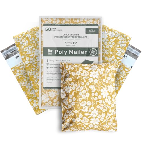 Poly Mailers 10x13 Inch 50 Pack Medium Shipping Bags Strong Thick Mailing Envelopes | Self Sealing Adhesive | Waterproof & Tear Proof | Small Business Packaging for Clothing - Floral Mustard Yellow - color: Yellow, size: 10x13 (50 Pack)