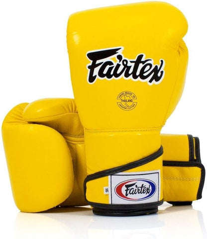 Fairtex BGV6 Angular Boxing Gloves, Locked Thumb Muay Thai MMA Kickboxing | Premium synthetic body with triple-layer foam padding. Joint protection and firm wrist support safeguard hands on heavy bags - color: Yellow, size: 16oz