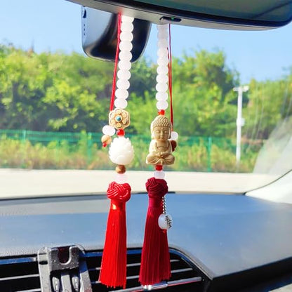 Buddha 백미러 액세서리 걸이용 참, 태슬이 있는 연민의 보살 자동차 걸이 장식, 여성/남성을 위한 귀여운 자동차 액세서리, Fo Bao Ping an - color: 레드