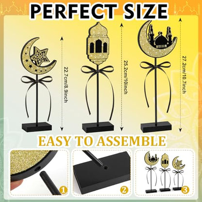 3 Pieces Ramadan Decorations Eid Mubarak Table Decor Wooden Set, Islamic Ramadan Tiered Tray Decor for Muslim Party Tabletop Decor Home (Shiny) - style: Ramadan Shiny