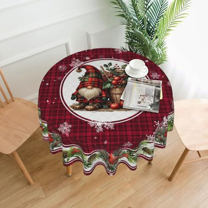 Christmas Bird Gnome Tablecloth Red Plaid Round Table Cover Washable Table Cloth for Home Kitchen Party Picnic 60 Inch - color: Christmas Bird Gnome