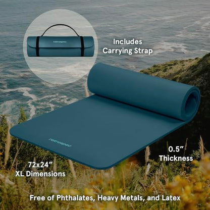 Retrospec Solana Yoga Mat Thick 1/2in Non-Slip Workout Mat with Nylon Strap - 72x24in Exercise Mat for Pilates, Stretching & Fitness - BPA Free, Easy Clean - color: Ocean Blue